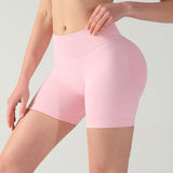 XXL Pink High-Elastic Hip Yoga Shorts - Seamless Mid-Intensity Pilates Workout Shorts