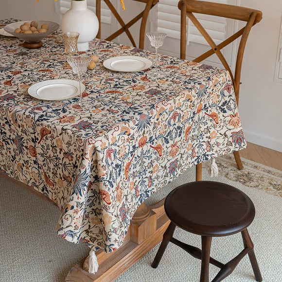 NNEDSZ Floral Vintage Bird Tassel Tablecloth | Vintage Cotton and Linen Jacquard Tablecloth, 90x90cm