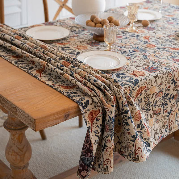 NNEDSZ Floral Vintage Bird Tassel Tablecloth | Vintage Cotton and Linen Jacquard Tablecloth, 100*160cm