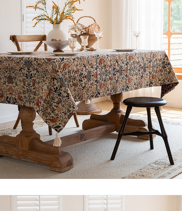 NNEDSZ Floral Vintage Bird Tassel Tablecloth | Vintage Cotton and Linen Jacquard Tablecloth, 120*160cm