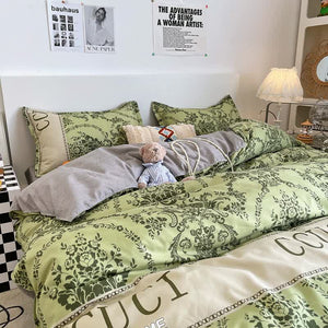 NNEDSZ Green Floral 4-Piece Bedding Set - Soft and Lovely Bed Sheets (Quilt 180x220cm, Flat Sheet 230x230cm, Pillowcase 48x47cm*2)