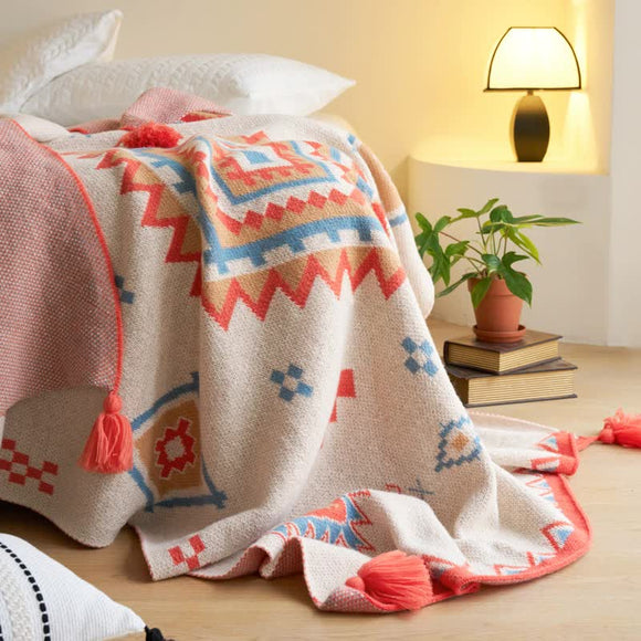 NNEDSZ Orange Bohemian Geometric Tassel Throw Blanket – Soft Cotton Blend for Bedroom, Living Room, and Sofa 110x130cm