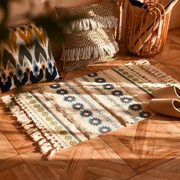NNEDSZ Handwoven Cotton Tassel Floor Rug for Bedroom or Living Room|Soft, Modern Geometric Design,60x90cm