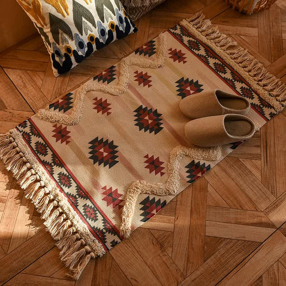 NNEDSZ Handwoven Cotton Tassel Floor Rug for Bedroom or Living Room|Soft, Modern Geometric Design,60x90cm