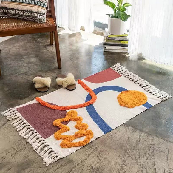 NNEDSZ Handwoven Cotton Tassel Floor Rug for Bedroom or Living Room|Soft, Modern Geometric Design,60x90cm