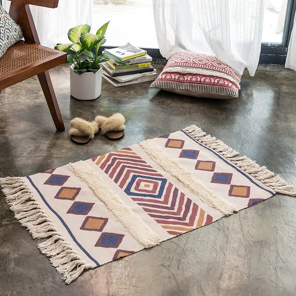 NNEDSZ Handwoven Cotton Tassel Floor Rug for Bedroom or Living Room|Soft, Modern Geometric Design,60x90cm