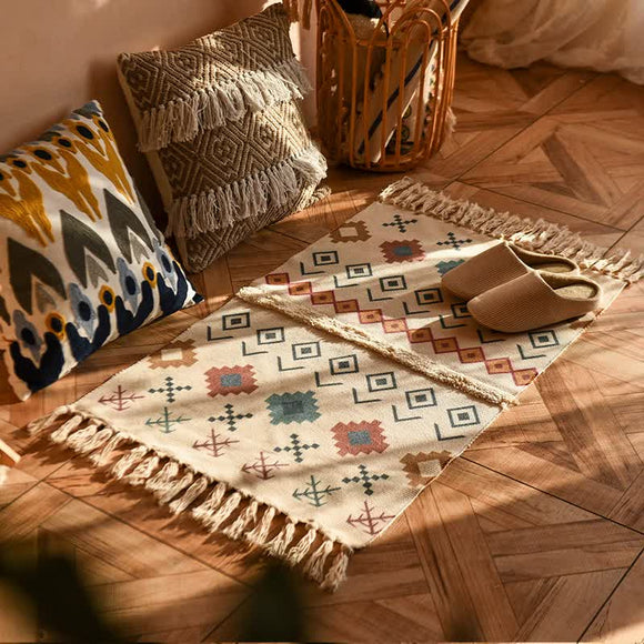 NNEDSZ Handwoven Cotton Tassel Floor Rug for Bedroom or Living Room|Soft, Modern Geometric Design,60x90cm
