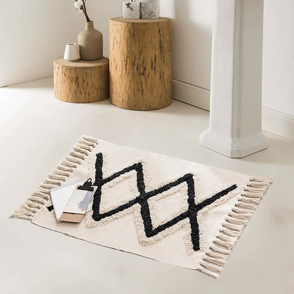 NNEDSZ Handwoven Cotton Tassel Floor Rug for Bedroom or Living Room|Soft, Modern Geometric Design,60x90cm