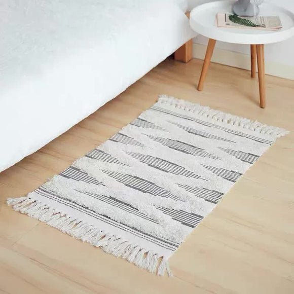 NNEDSZ Handwoven Cotton Tassel Floor Rug for Bedroom or Living Room|Soft, Modern Geometric Design,60x90cm