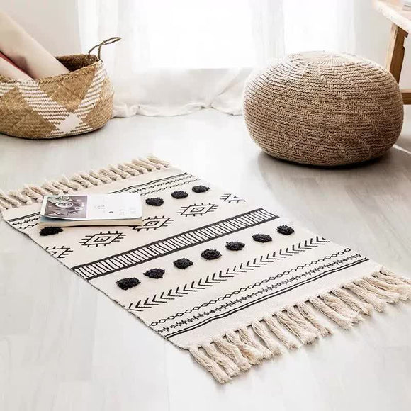 NNEDSZ Handwoven Cotton Tassel Floor Rug for Bedroom or Living Room|Soft, Modern Geometric Design,60x90cm