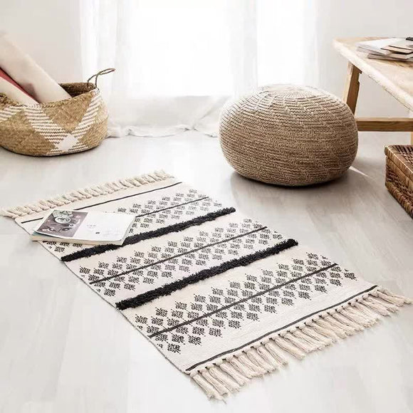 NNEDSZ Handwoven Cotton Tassel Floor Rug for Bedroom or Living Room|Soft, Modern Geometric Design,60x90cm