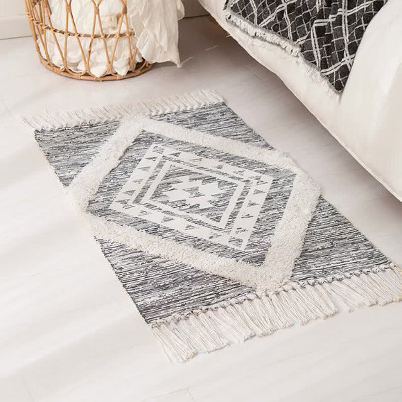 NNEDSZ Handwoven Cotton Tassel Floor Rug for Bedroom or Living Room|Soft, Modern Geometric Design,60x90cm