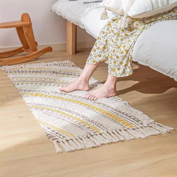 NNEDSZ Handwoven Cotton Tassel Floor Rug for Bedroom or Living Room|Soft, Modern Geometric Design,60x90cm