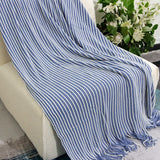 NNEDSZ Blue Cozy Knit Throw Blanket with Fringe – Stylish Striped  Bed End Cover, 127x170cm