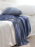 NNEDSZ Blue Cozy Knit Throw Blanket with Fringe - Stylish Striped  Bed End Cover, 127x220CM
