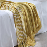 NNEDSZ Yellow Cozy Knit Throw Blanket with Fringe - Stylish Striped  Bed End Cover, 127x220CM