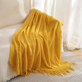 NNEDSZ Yellow Premium Woven Knitted Throw Blanket with Tassels | Soft, Cozy Sofa & Bed Blanket, Perfect for Office or Afternoon Naps 130x260cm