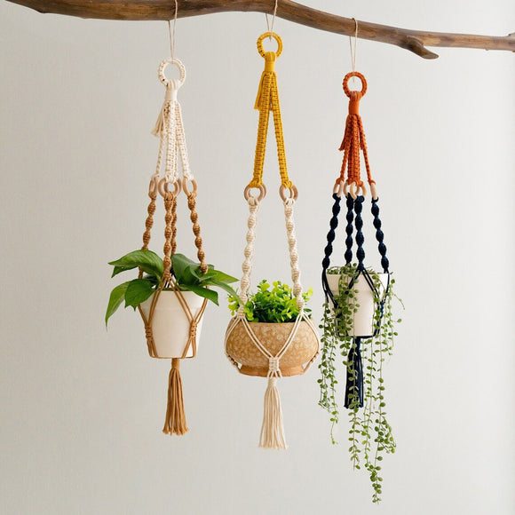 NNEDSZ 3 pcs Handwoven Plant Hanger-Cotton Rope Hanging Planter with Wooden Rings
