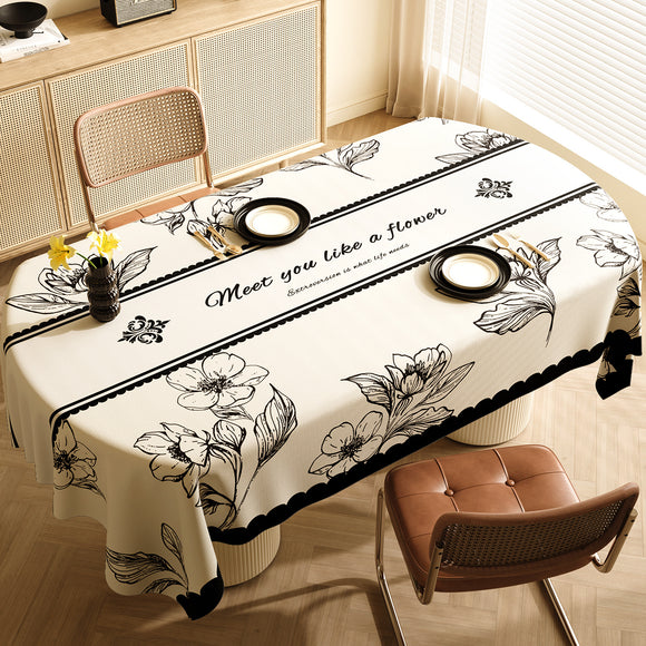 NNEDSZ Style D Black And Off White Premium PVC Tablecloth - Oil & Water Resistant Table Cover for Dining Tables (140 x 220 cm)
