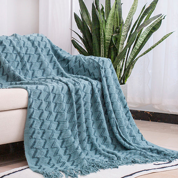 NNEDSZ 130*180CM Blue Modern Knitted Throw Blanket with Tassels - Soft & Lightweight for Sofa, Bed, and Office