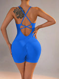 NNEDSZ Size L Royal Blue Nylon Seamless Yoga Bodysuit - Women's Athletic Romper, Crisscross Back, Workout Jumpsuit