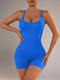 NNEDSZ Size L Royal Blue Nylon Seamless Yoga Bodysuit - Women's Athletic Romper, Crisscross Back, Workout Jumpsuit