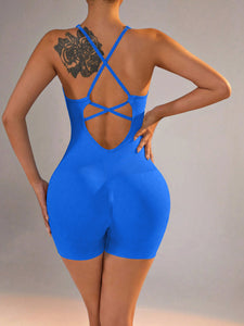 NNEDSZ Size XS Royal Blue Nylon Seamless Yoga Bodysuit - Women's Athletic Romper, Crisscross Back, Workout Jumpsuit