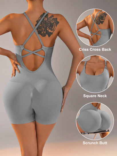 NNEDSZ Size M Light Grey Nylon Seamless Yoga Bodysuit - Women's Athletic Romper, Crisscross Back, Workout Jumpsuit