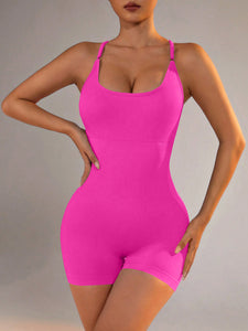NNEDSZ Size L Rose Red Grey Nylon Seamless Yoga Bodysuit - Women's Athletic Romper, Crisscross Back, Workout Jumpsuit