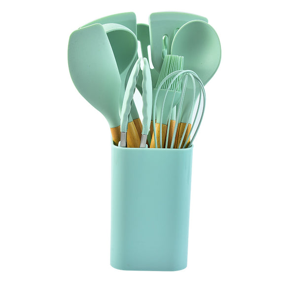 NNEDSZ Green 12-Piece Silicone Kitchen Utensil Set with Beechwood Handles & Holder