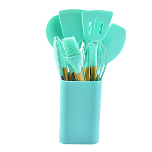 NNEDSZ Light Green 12-Piece Silicone Kitchen Utensil Set with Beechwood Handles & Holder