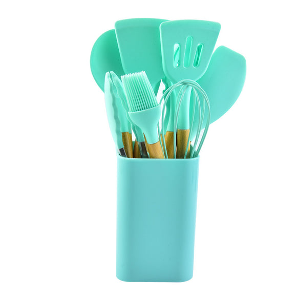 NNEDSZ Light Green 12-Piece Silicone Kitchen Utensil Set with Beechwood Handles & Holder