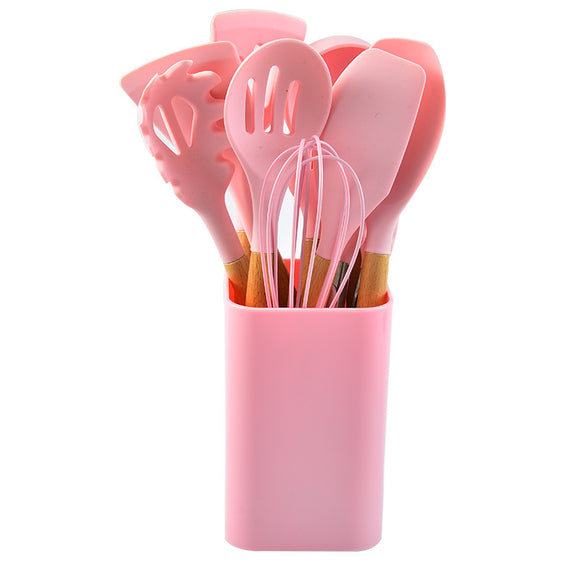 NNEDSZ Pink 12-Piece Silicone Kitchen Utensil Set with Beechwood Handles & Holder