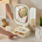 NNEDSZ Milky White LED Lighted Tri-Fold Makeup Mirror with Storage Drawer & Magnification(USB Charging Port)