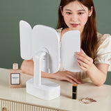 NNEDSZ Pink LED Lighted Tri-Fold Makeup Mirror with Storage Drawer & Magnification(USB Charging Port)