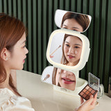 NNEDSZ Pink LED Lighted Tri-Fold Makeup Mirror with Storage Drawer & Magnification(USB Charging Port)