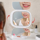 NNEDSZ Pink LED Lighted Tri-Fold Makeup Mirror with Storage Drawer & Magnification(USB Charging Port)