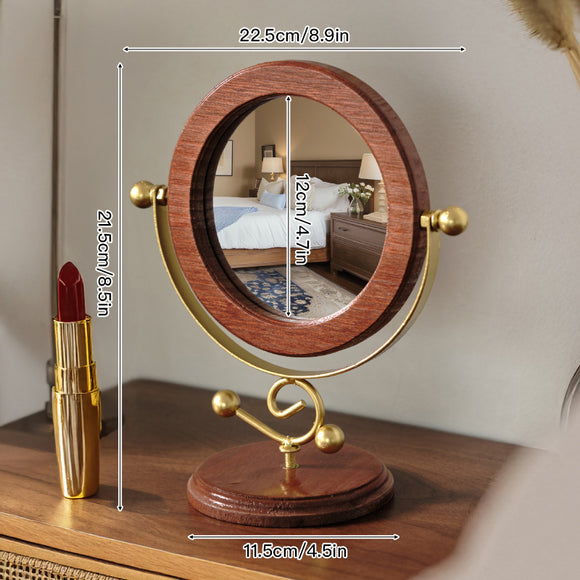 NNEDSZ Gold and Brown Vintage Solid Wood Makeup Mirror - 360° Rotating Desktop Vanity Mirror