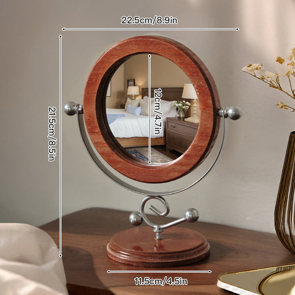 NNEDSZ Silver and Brown Vintage Solid Wood Makeup Mirror - 360° Rotation Desktop Vanity Mirror