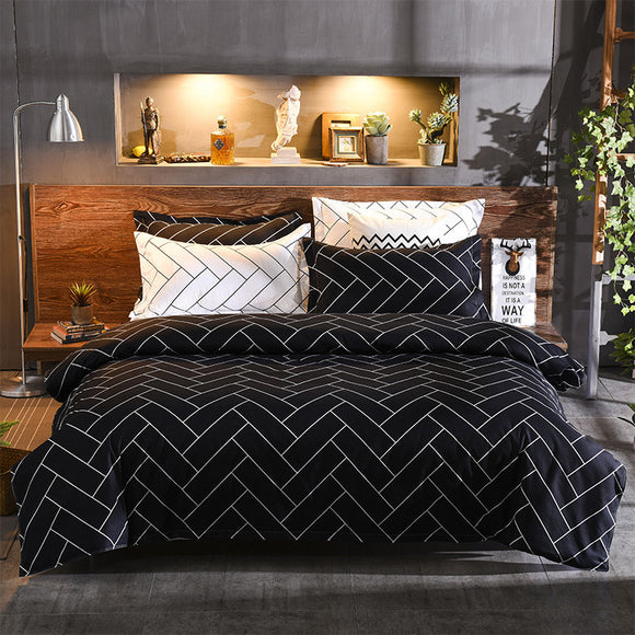 NNEDSZ Luxurious Black Chevron 3-Piece Polyester Duvet Cover Set with 2 Pcs Pillowcases – Elegant Bedding, Machine Washable, 173x230cm Duvet + 51x76cm Pillowcases
