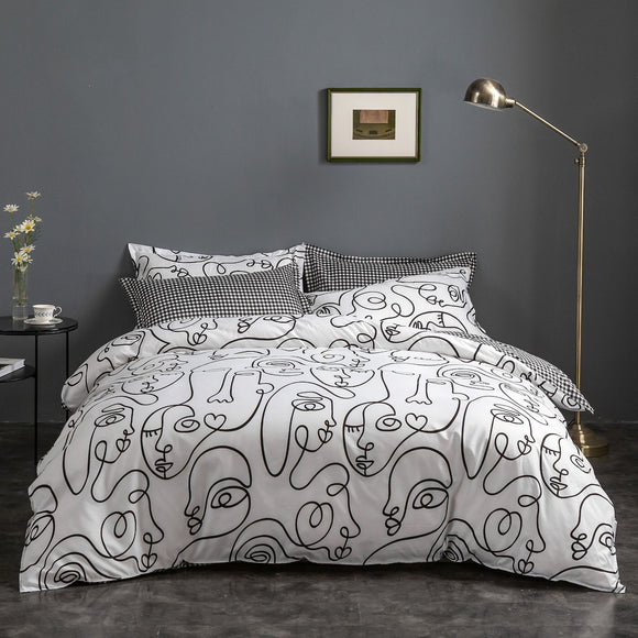 NNEDSZ Face Line Graffiti Pattern 3-Piece Polyester Duvet Cover Set with 2 Pcs Pillowcases - Elegant Bedding, Machine Washable, 173x230cm Duvet + 51x76cm Pillowcases