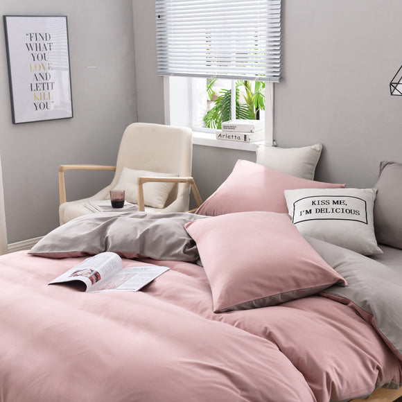 NNEDSZ Gray And Pink Stitching Ultra-Soft Solid Color 4-Piece Bedding Set - Queen Size(Suitable for 2m bed)