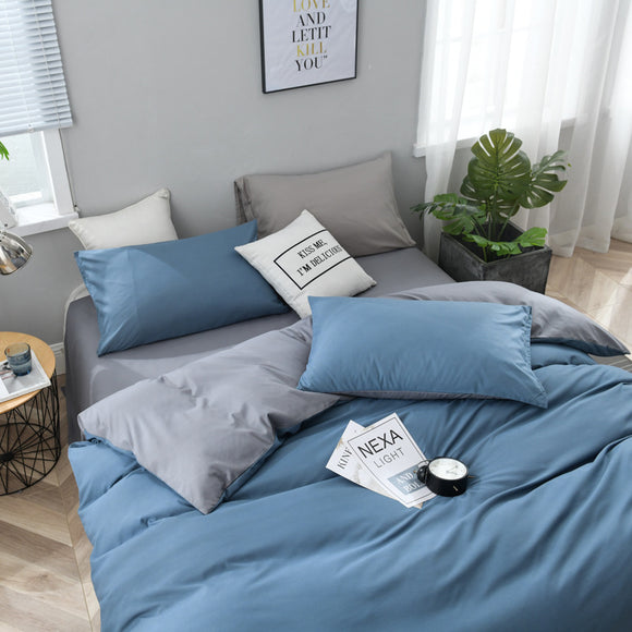 NNEDSZ Gray And Blue Stitching Ultra-Soft Solid Color 4-Piece Bedding Set - Queen Size(Suitable for 2m bed)