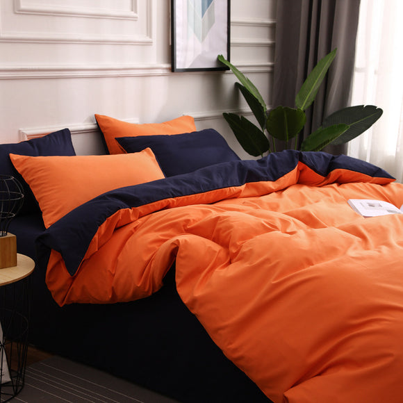 NNEDSZ Dark Blue And Orange Stitching Ultra-Soft Solid Color 4-Piece Bedding Set - Queen Size(Suitable for 2m bed)