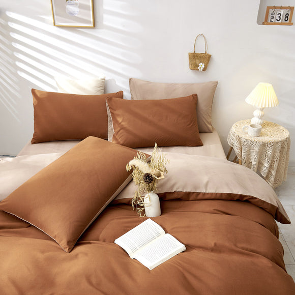 NNEDSZ Brown And Khaki Stitching Ultra-Soft Solid Color 4-Piece Bedding Set - Queen Size(Suitable for 2m bed)