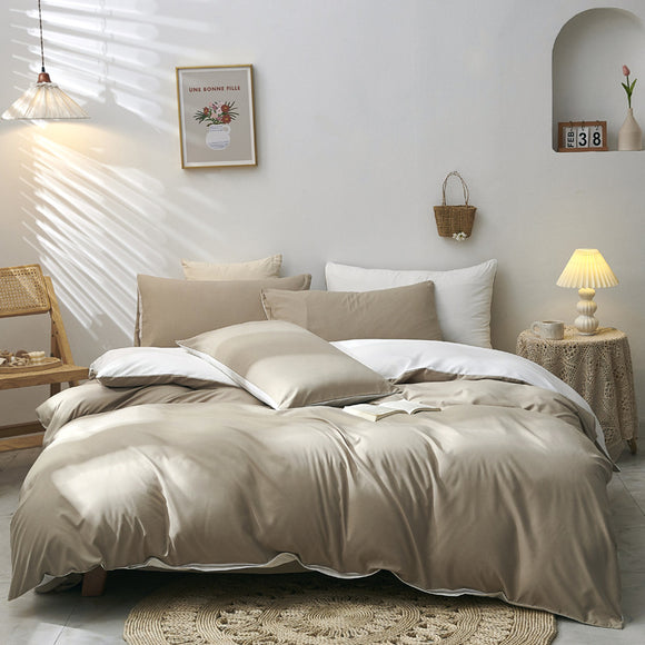 NNEDSZ Light Brown And White Stitching Ultra-Soft Solid Color 4-Piece Bedding Set - Queen Size(Suitable for 2m bed)