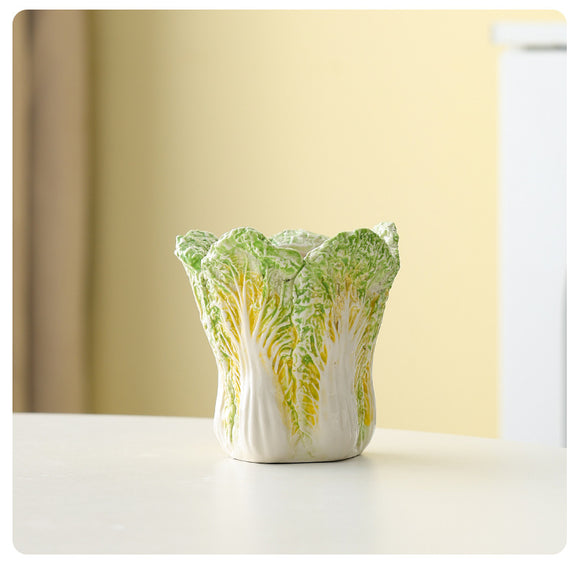 NNEDSZ 2 Pcs Light Green Premium Ceramic Cabbage Makeup Brush Holder - Elegant 10.5cm High-End Desktop Organizer