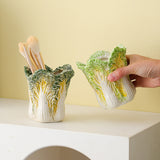 NNEDSZ 2 Pcs Light Green Premium Ceramic Cabbage Makeup Brush Holder - Elegant 10.5cm High-End Desktop Organizer