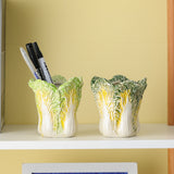 NNEDSZ 2 Pcs Light Green Premium Ceramic Cabbage Makeup Brush Holder - Elegant 10.5cm High-End Desktop Organizer
