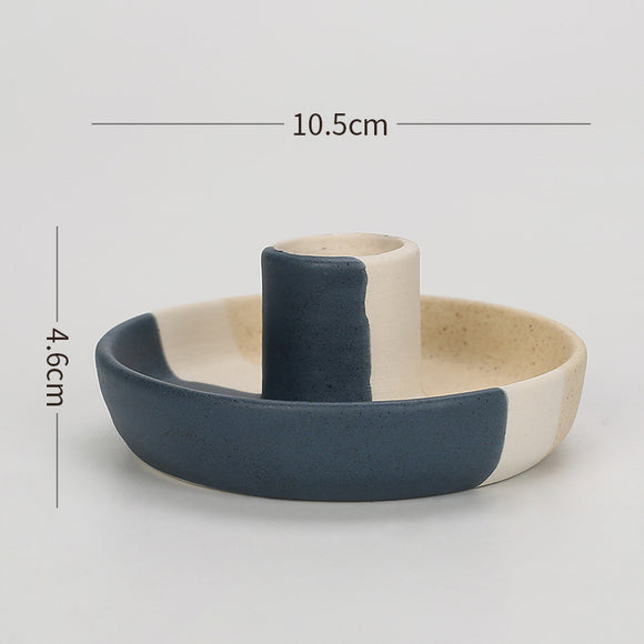 NNEDSZ 2 Pcs Blue, White And Yellow Stitching Oval Bottom Nordic Ceramic Candle Holder with Jewelry Dish - Elegant Minimalist Home Decor Piece